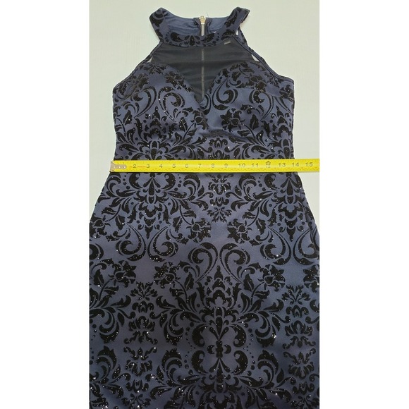 Honey & Rose Halter Mini Dress Party Cocktail Bodycon Floral Velvet Navy Blue - Picture 7 of 9